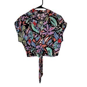 Milk & honey xs retro midriff tie front button-down cropped blouse